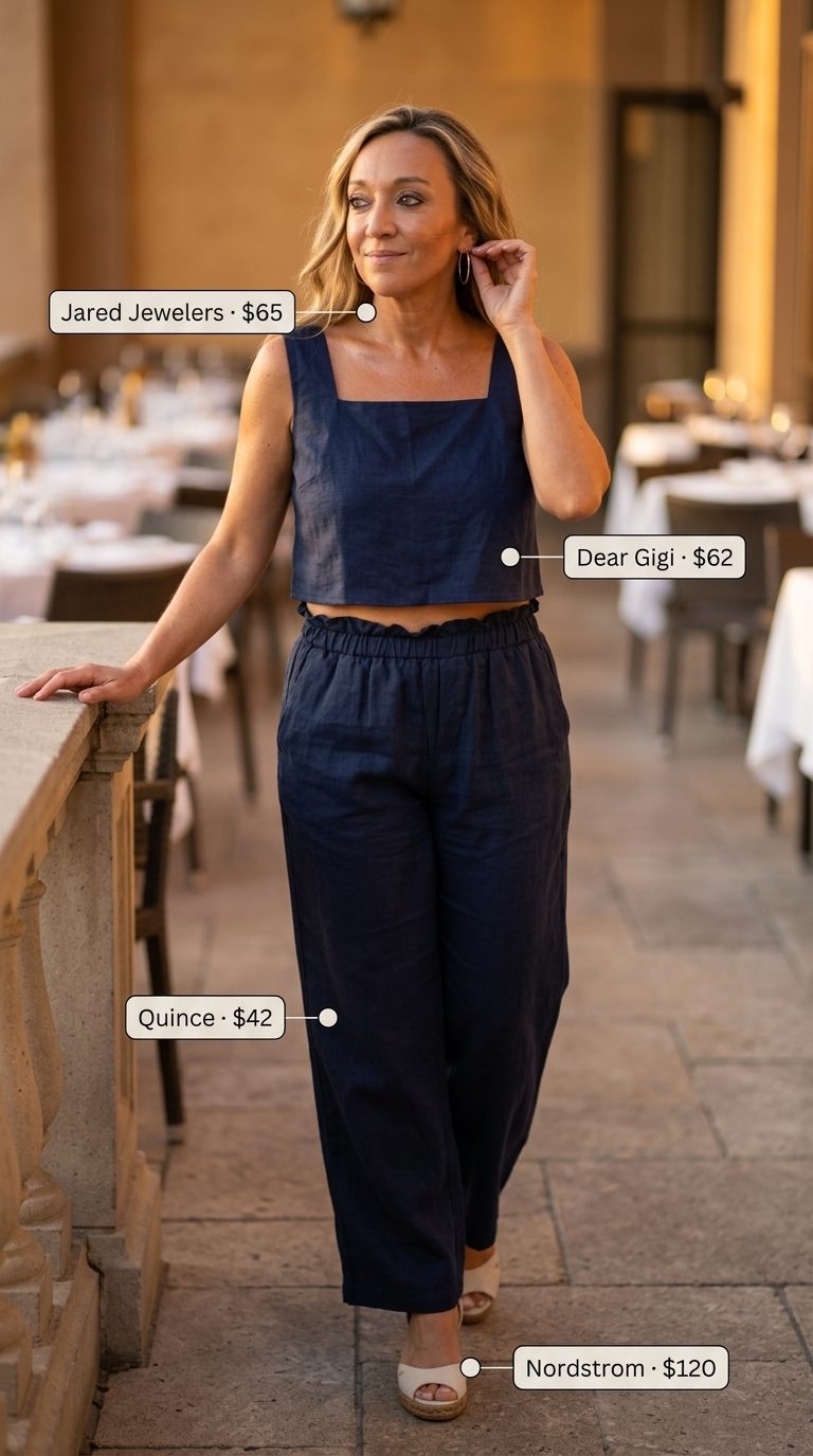 Linen Set for Evening 2026 Summer evening linen set: navy wide leg pants, matching crop top, espadrille wedges. Chic dinner outfit.