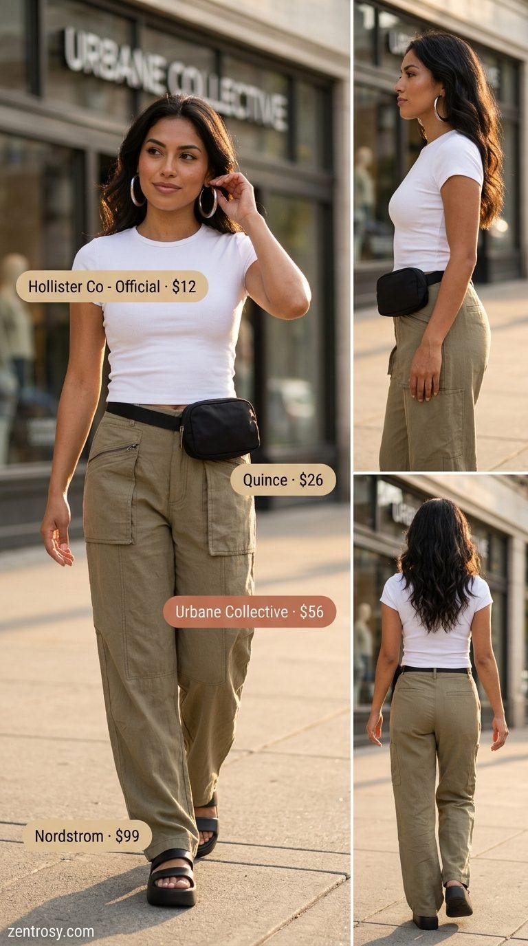 Urban Linen Cargo Pants 2026 Urban linen utility: olive green cargo pants, white tee, black belt bag, platform sandals.