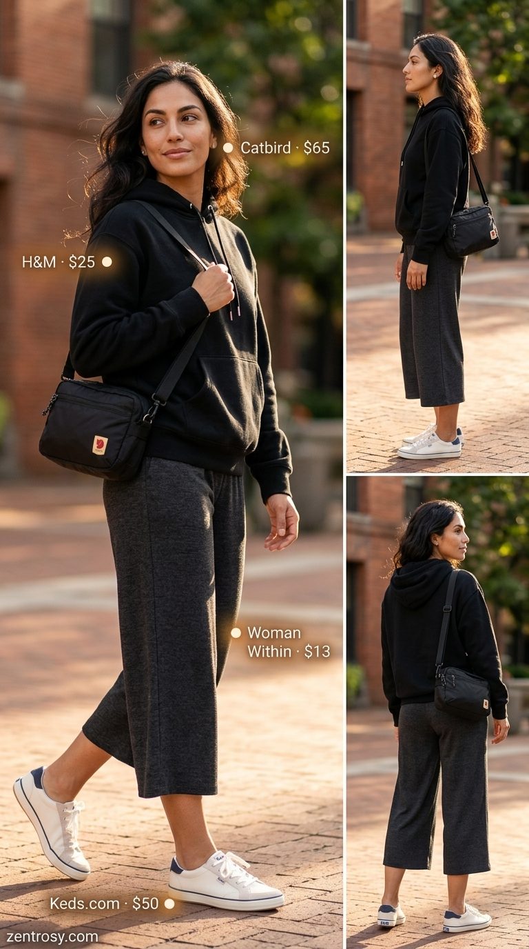 Athleisure Jersey Culottes 2026 Charcoal grey jersey culottes for women 2026, styled with a hoodie and sneakers for an athleisure look.