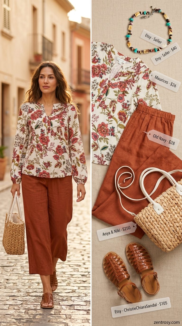 Boho Wide Leg Summer Culottes 2026 Boho Summer Dream: Terracotta wide leg summer tailored culottes for women 2026 with floral peasant blouse & straw bag.