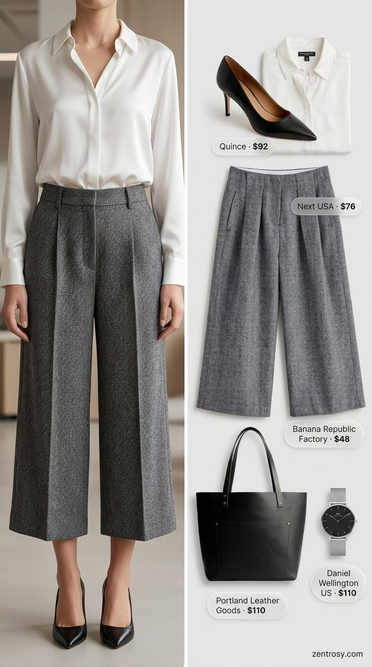 Office Wide Leg Summer Culottes 2026 Chic Office Transition: Charcoal grey wide leg summer tailored culottes for women 2026 with white shirt & black pumps.