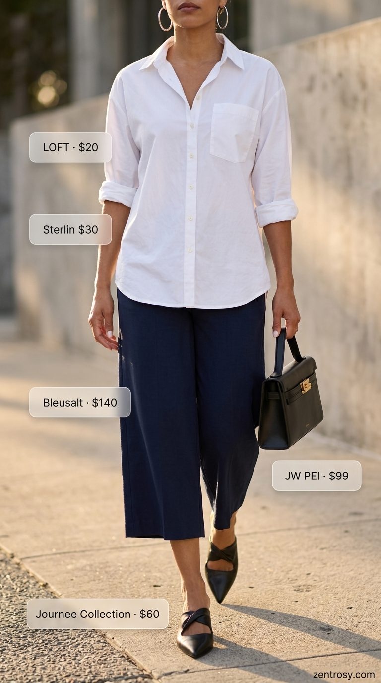 Sophisticated Wide Leg Summer Culottes 2026 City Chic Culottes: Navy blue wide leg summer tailored culottes for women 2026 with white shirt & black mules.