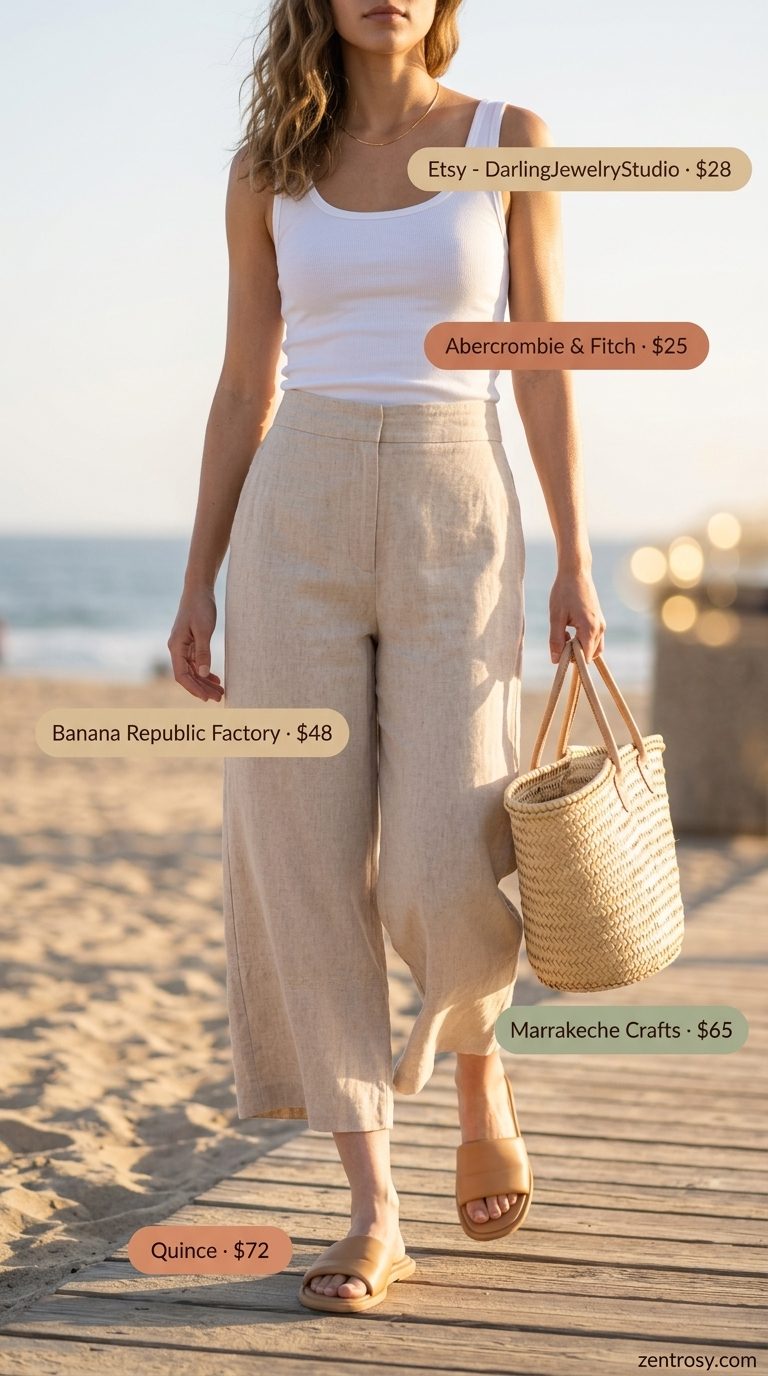 Effortless Wide Leg Summer Culottes 2026 Coastal Breeze Culottes: Natural linen wide leg summer tailored culottes for women 2026 with white tank & tan sandals.