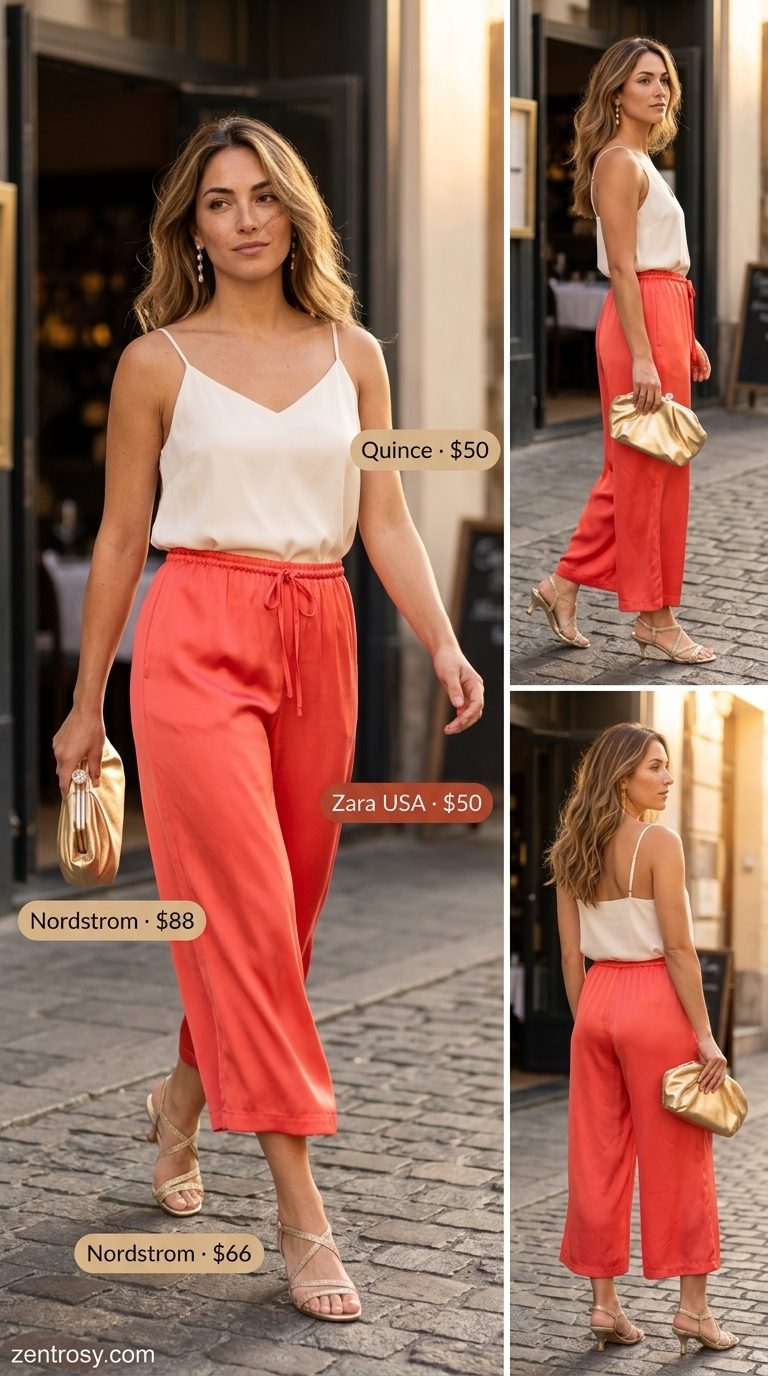Sunset Glow Satin Culottes 2026 Vibrant coral satin culottes for women 2026, paired with a cream camisole and gold sandals for a chic evening look.