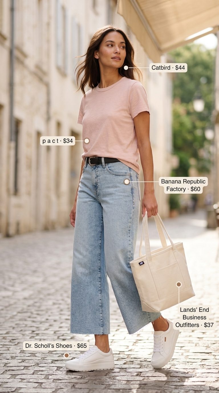 Denim Culottes Brunch Style 2026 Light wash denim wide leg summer tailored culottes for women 2026 with blush pink top & white sneakers for brunch.