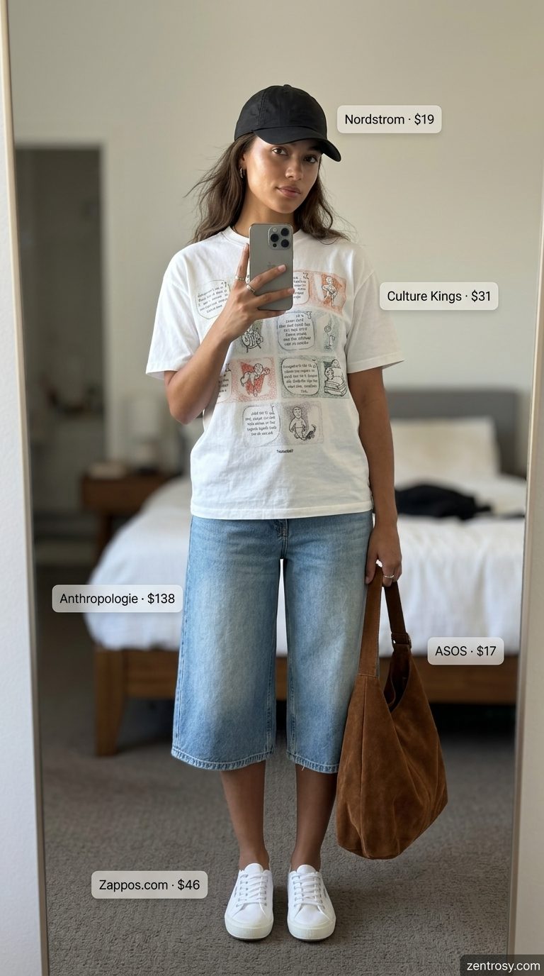 Casual Denim Culottes Style 2026 Light wash denim wide leg summer tailored culottes for women 2026 with graphic tee & sneakers.