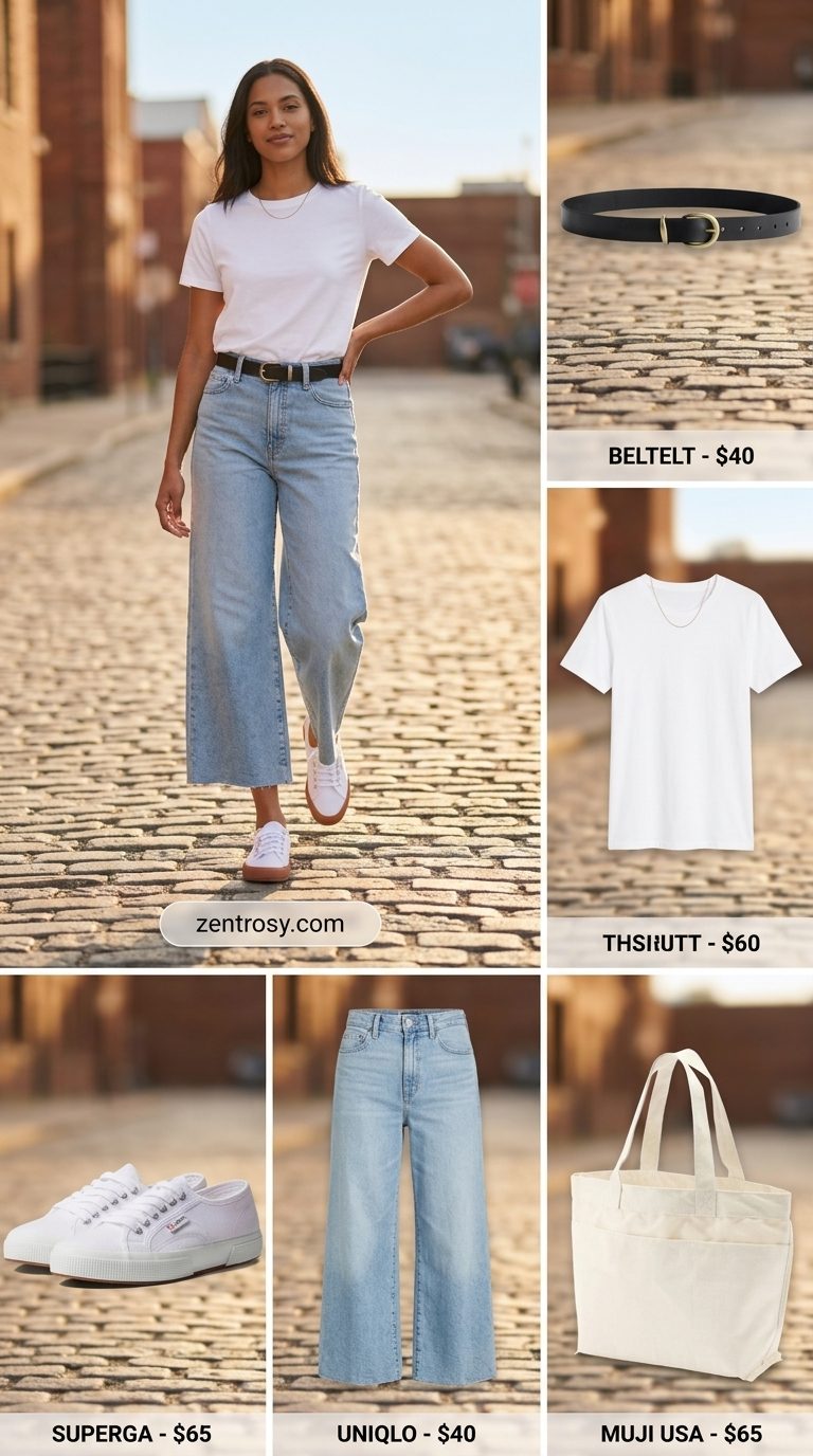 Casual Cool Denim Culottes 2026 Light wash denim wide leg culottes for women 2026, paired with a white tee, black belt, and tote bag for casual wear.