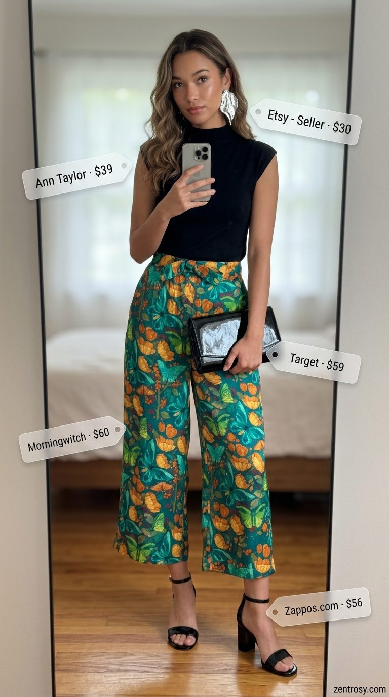 Bold Emerald Culottes Outfit 2026 Emerald green wide leg summer tailored culottes for women 2026 paired with black mock neck top & sandals for evening.