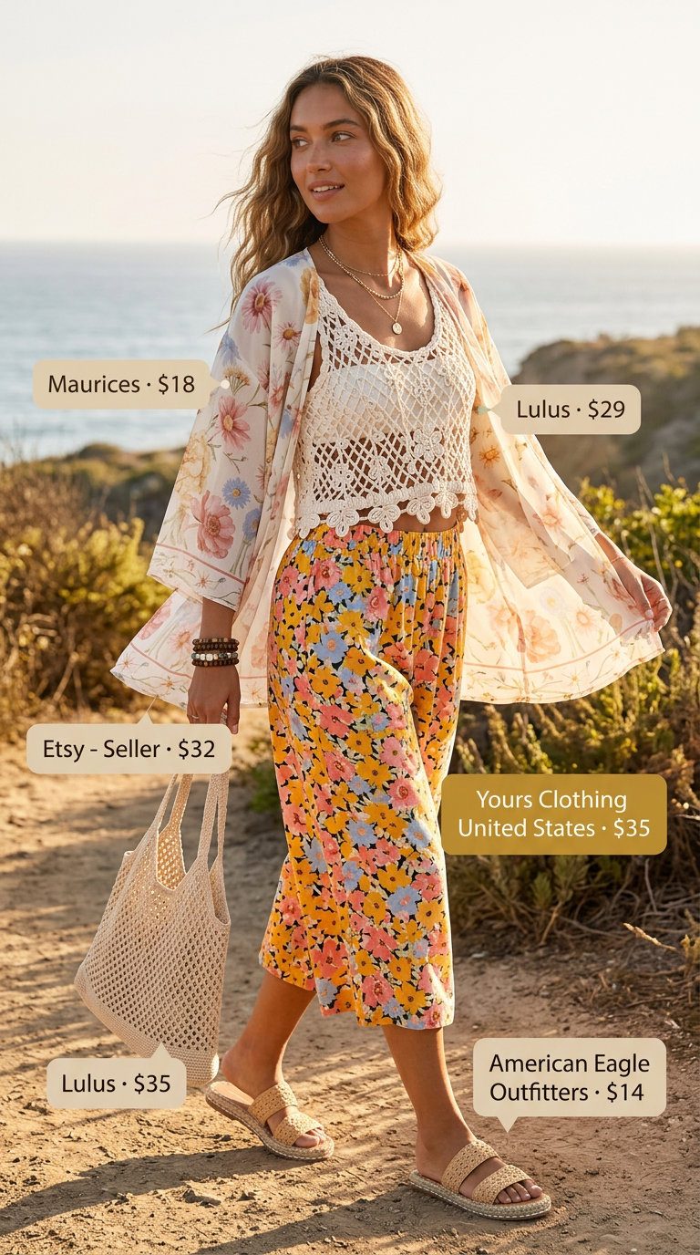 Bohemian Floral Culottes 2026 Floral print culottes for women 2026, styled with a crochet tank, kimono, and woven sandals for a bohemian look.