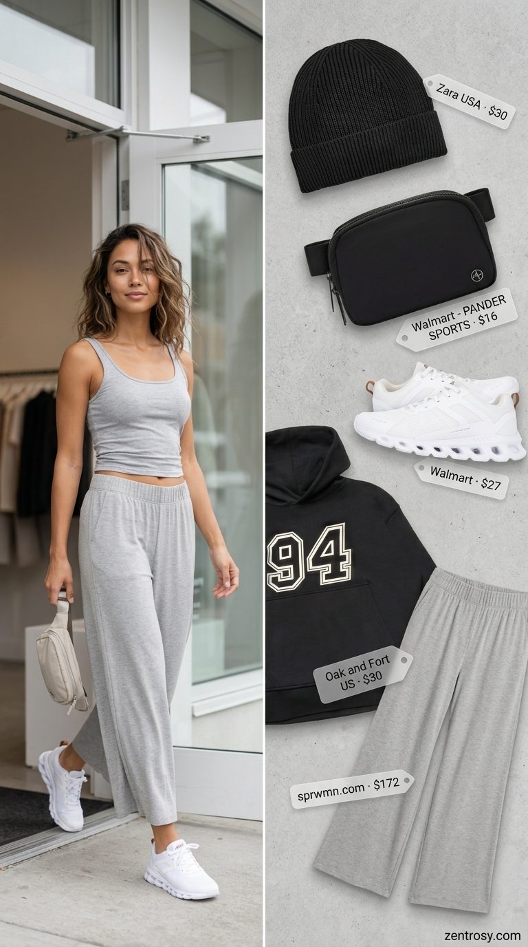 Elevated Athleisure Culottes 2026 Heather grey jersey wide leg summer tailored culottes for women 2026 with graphic hoodie & sneakers.