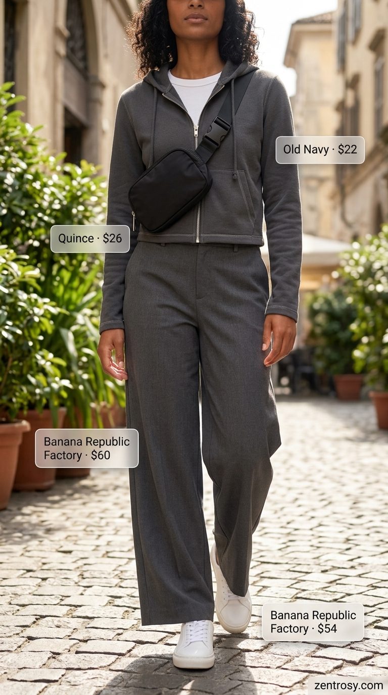 Athleisure Grey Culottes 2026 Charcoal grey jersey wide leg summer tailored culottes for women 2026 with cropped hoodie & sneakers.