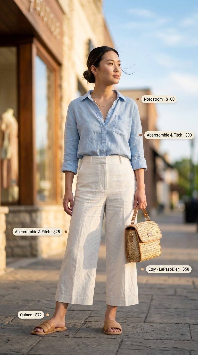Chic Ivory Culottes Style 2026 Ivory linen blend wide leg summer tailored culottes for women 2026 with light blue linen shirt & tan sandals.