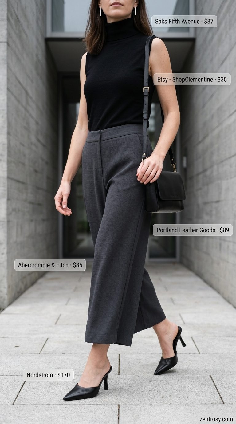 Minimalist Wide Leg Summer Culottes 2026 Modern Minimalist Culottes: Black wide leg summer tailored culottes for women 2026 with charcoal knit top & silver accents.