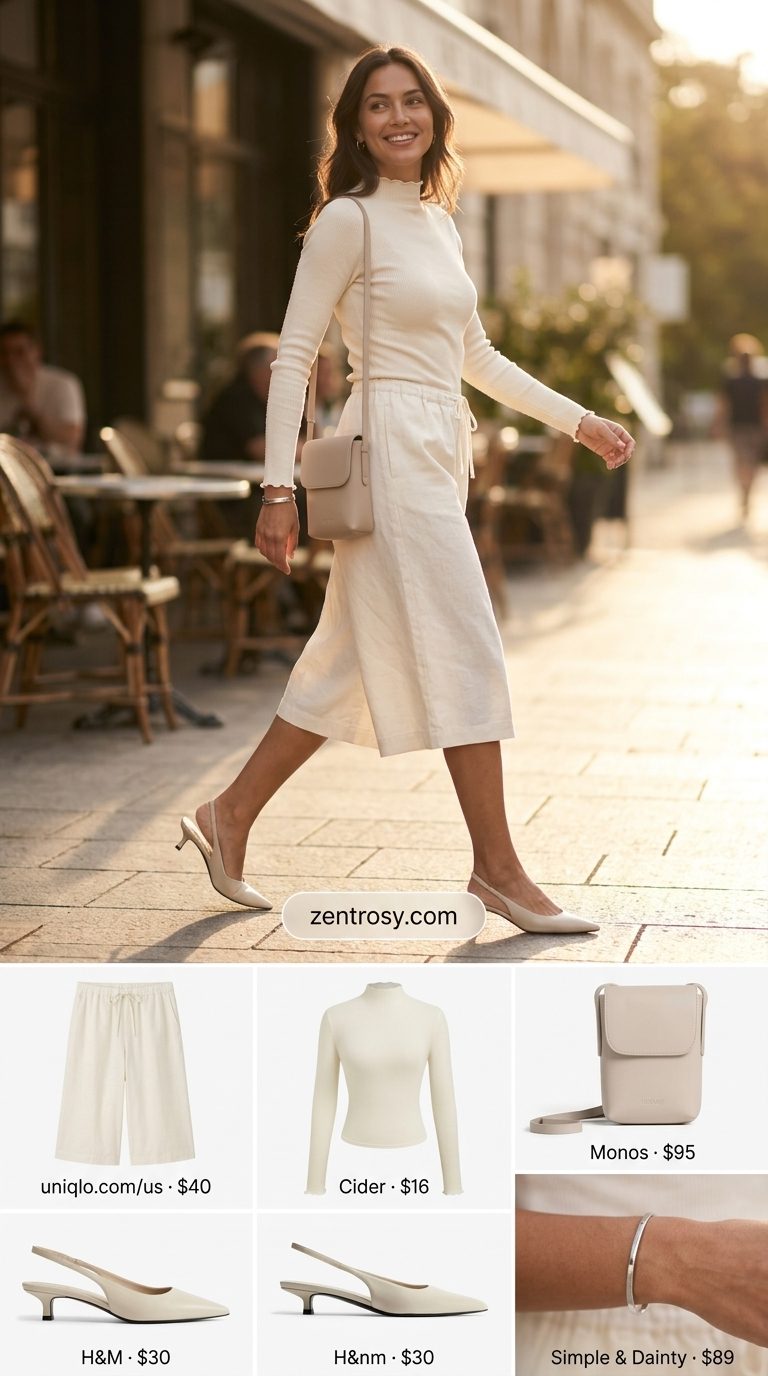 Chic Wide Leg Summer Culottes 2026 for Brunch Monochrome Modern Culottes: Cream knit top & beige wide leg summer tailored culottes for women 2026 with gold accents.