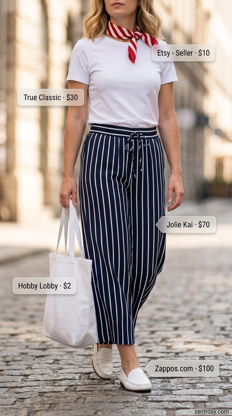 Nautical Wide Leg Summer Culottes 2026 Nautical Summer Day Culottes: Striped wide leg summer tailored culottes for women 2026 with white tee & loafers.