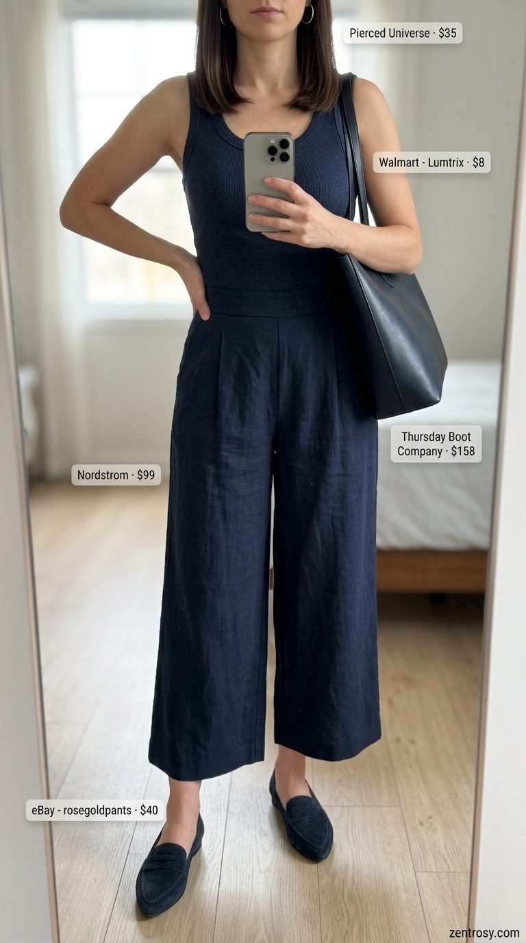 Monochrome Minimalist Culottes 2026 Navy blue tailored culottes for women 2026, styled with a ribbed knit top and loafers for a minimalist office look.