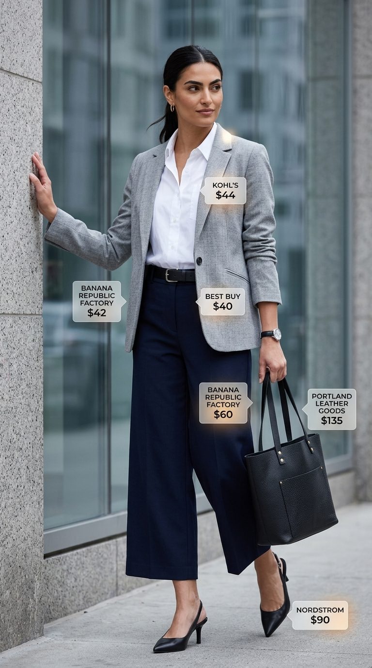 Professional Navy Culottes 2026 Navy blue tailored wide leg summer culottes for women 2026 with crisp white shirt & blazer.
