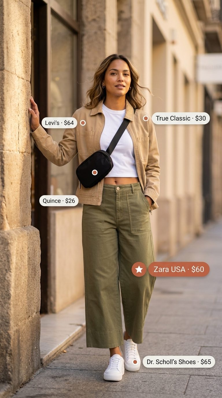 Urban Olive Culottes Outfit 2026 Olive green tailored wide leg summer culottes for women 2026 with white tee & utility jacket.