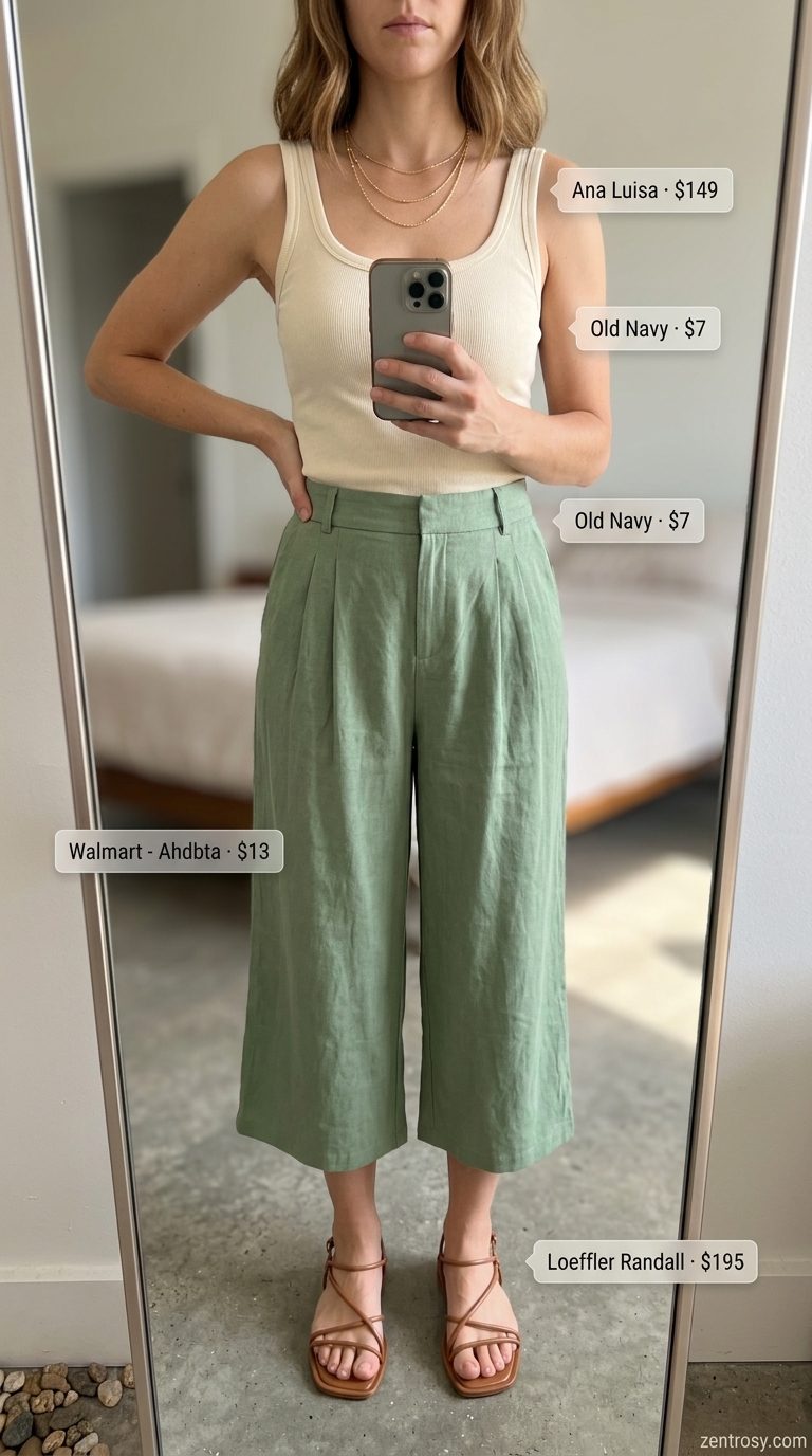 Coastal Sage Culottes Outfit 2026 Sage green linen blend wide leg summer tailored culottes for women 2026 with cream tank & tan sandals.
