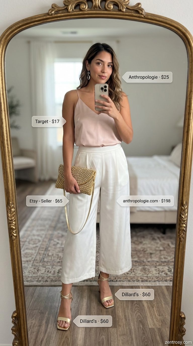 Elegant Wide Leg Summer Culottes 2026 Summer Evening Glow: Ivory wide leg summer tailored culottes for women 2026 with blush pink camisole & gold sandals.