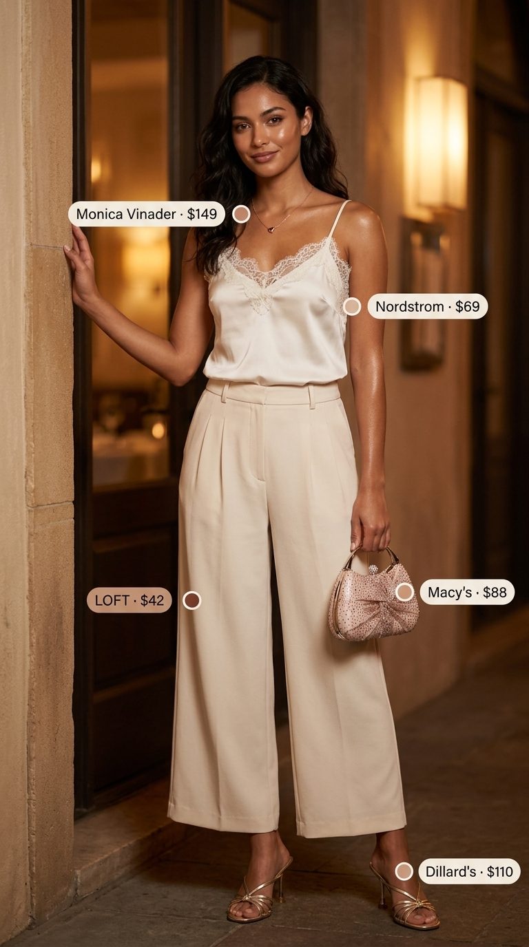 Romantic Wide Leg Summer Culottes 2026 Summer Evening Romance: Light beige wide leg summer tailored culottes for women 2026 with ivory camisole & rose gold.