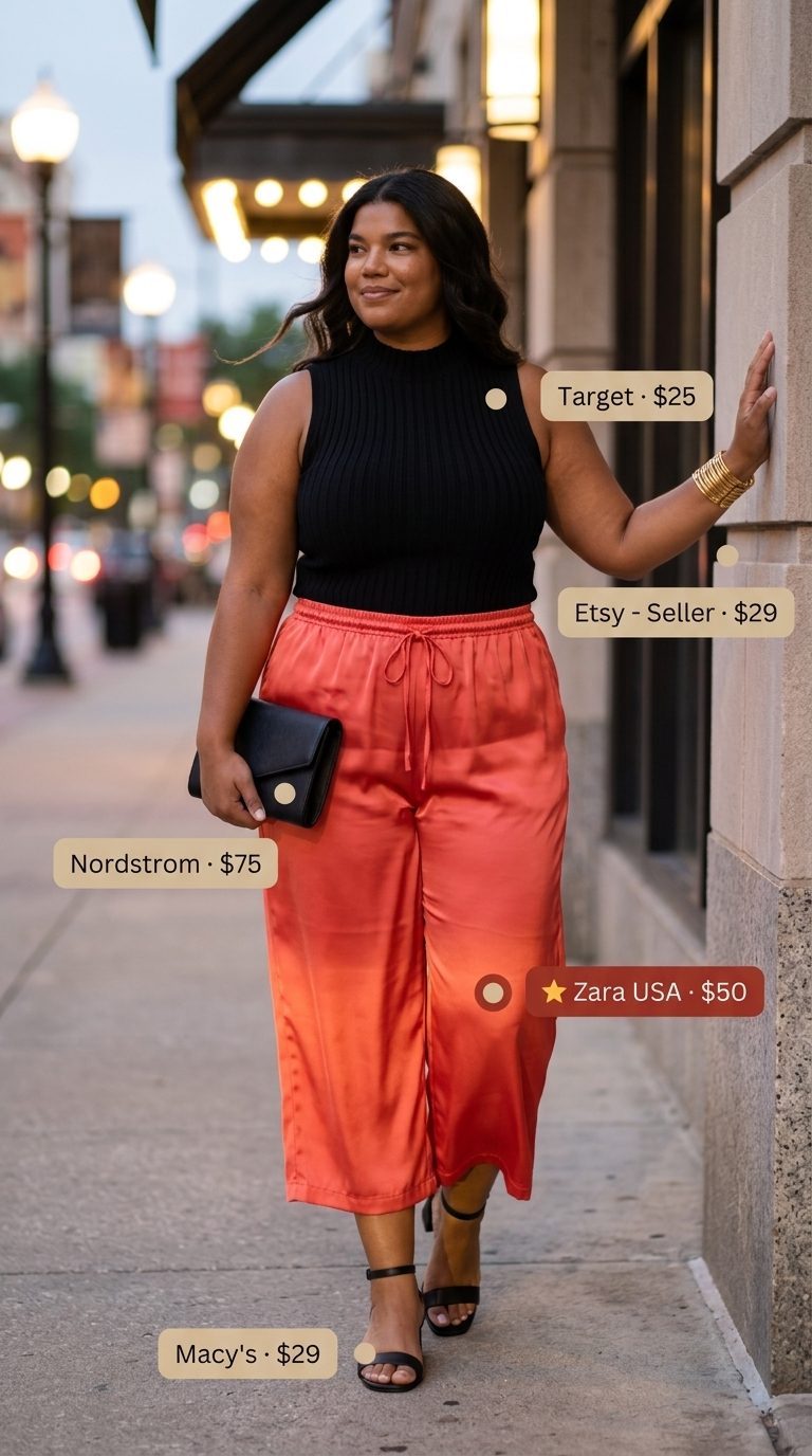Bold Wide Leg Summer Culottes 2026 for Evening Sunset Soiree: Coral wide leg summer tailored culottes for women 2026 paired with a black knit top & gold accessories.