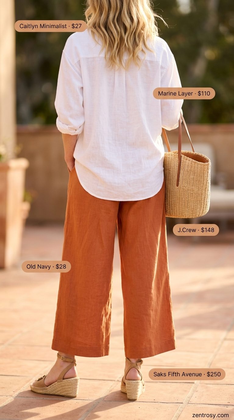 Mediterranean Linen Culottes 2026 Terracotta linen culottes for women 2026, styled with an oversized white linen shirt and espadrilles for a Mediterranean vibe.