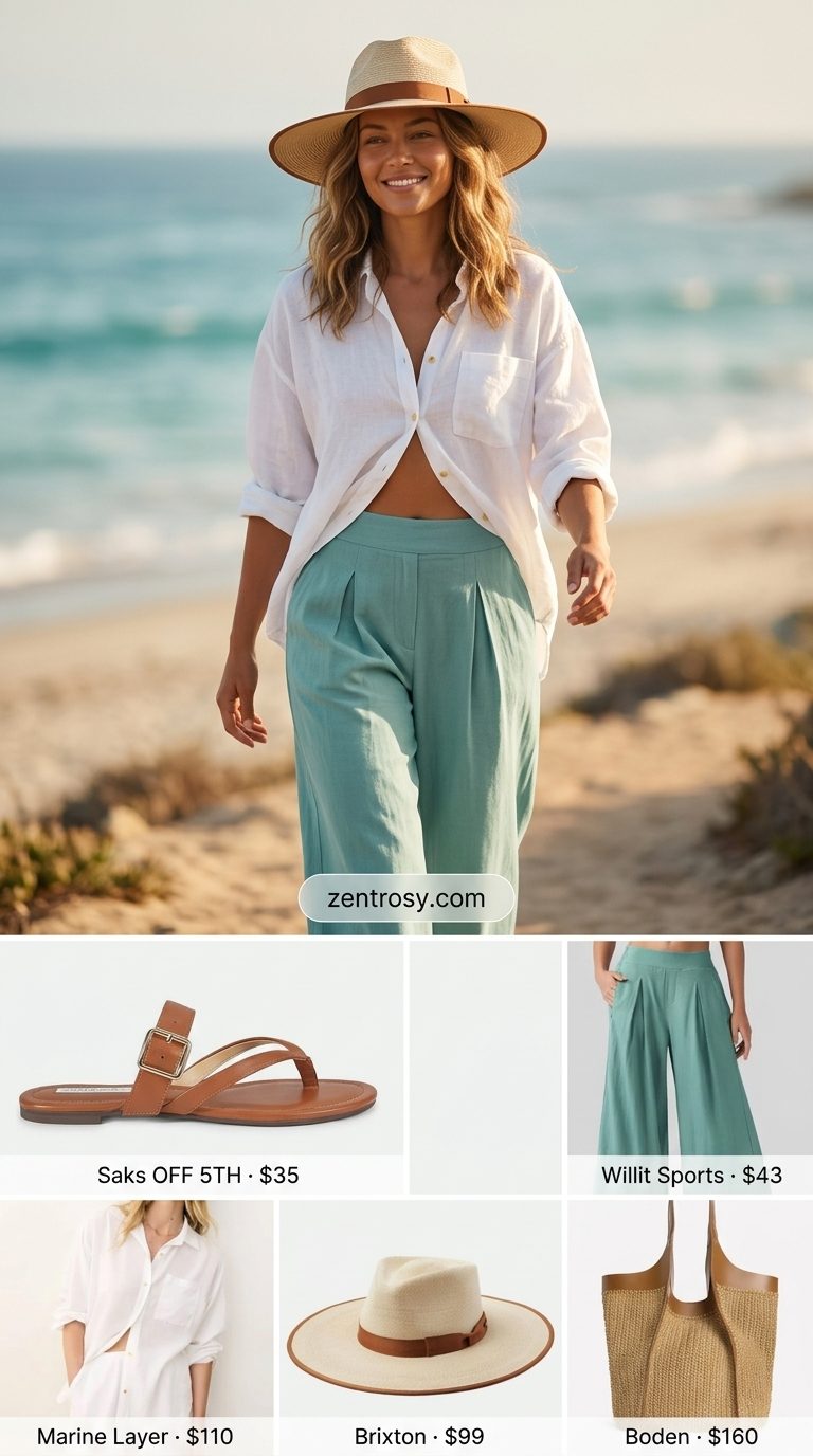 Vacation Turquoise Culottes 2026 Turquoise wide leg summer tailored culottes for women 2026 with oversized linen shirt & straw hat.