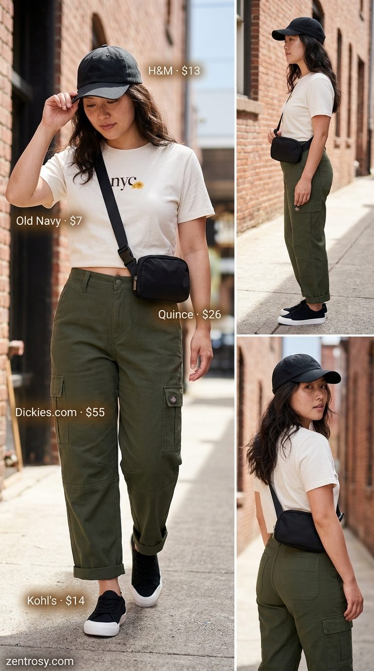 Weekend Explorer Culottes 2026 Olive green cargo culottes for women 2026, styled with graphic tee, belt bag, and sneakers for a weekend outing.