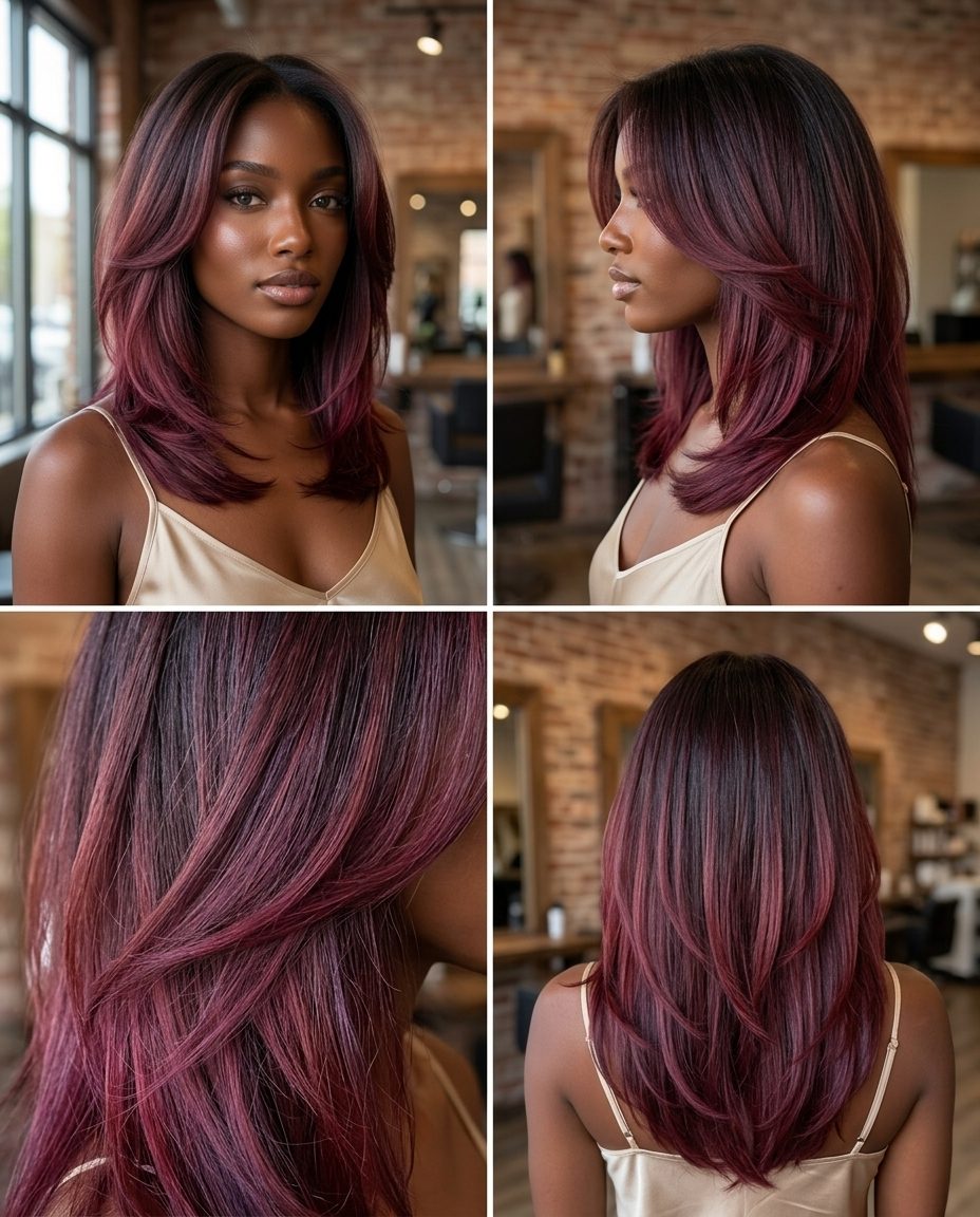 long layered cut wine berry color melt with violet undertones, dark root — romantic evening