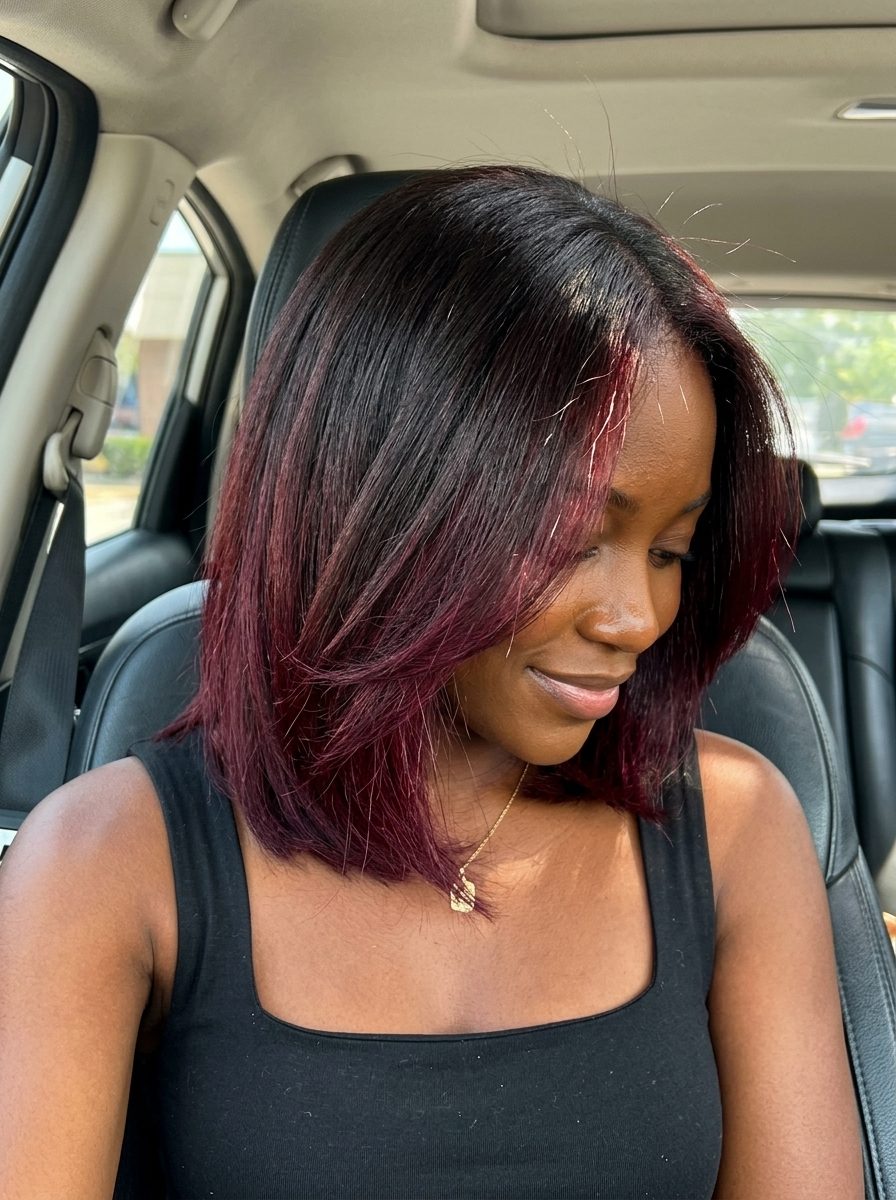 layered wine red peekaboo haircut with dark base, playful mystery