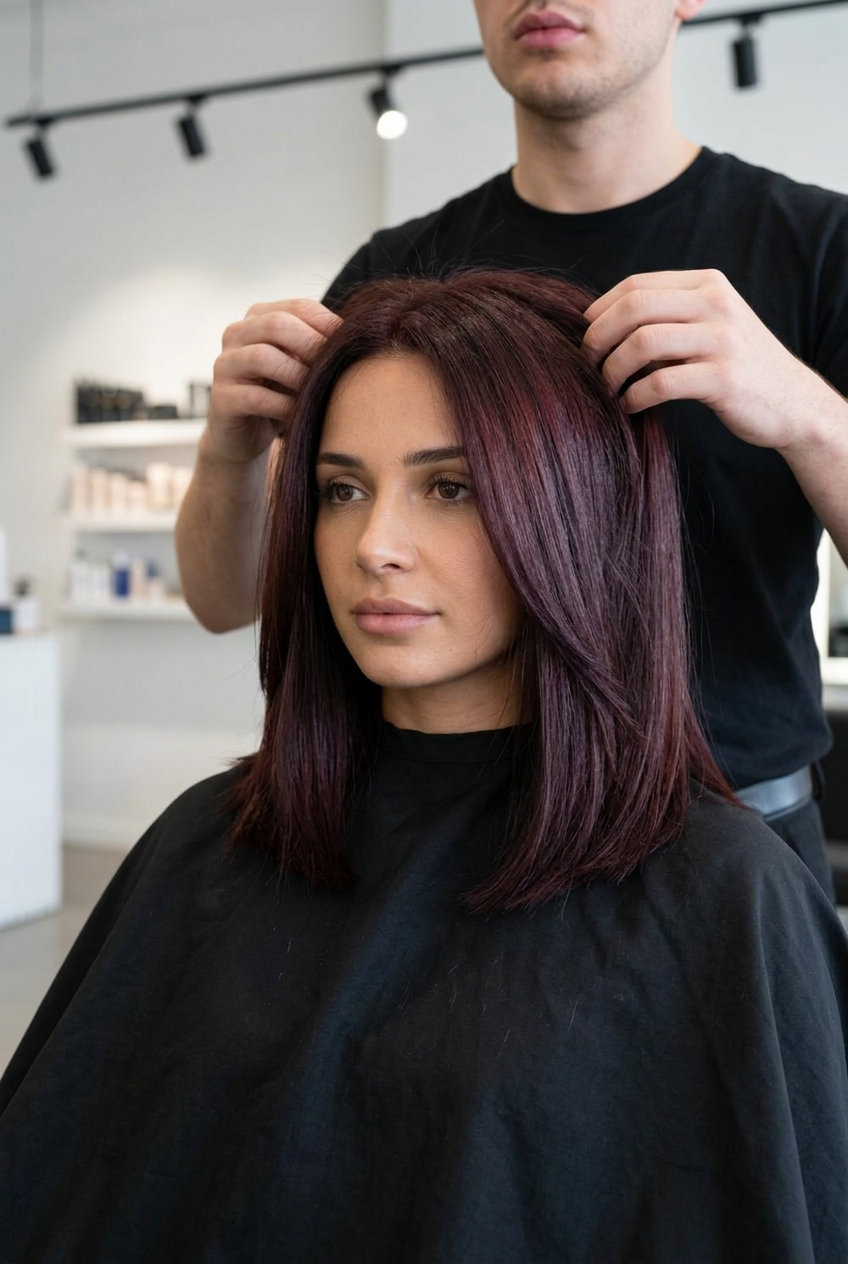 shoulder-length bob auburn solid with wine & violet tones, blunt cut for sophistication