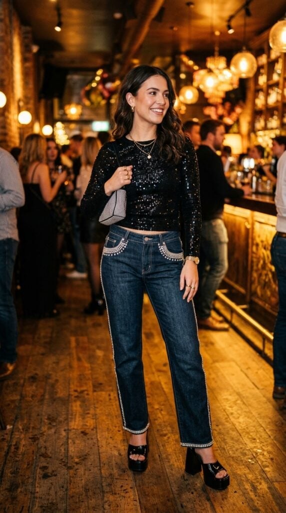 Rhinestone Embellished Jeans with Sequin Top Y2K Party Rhinestone Embellished Jeans with Sequin Top Y2K Party — Y2K Party Outfit Inspiration