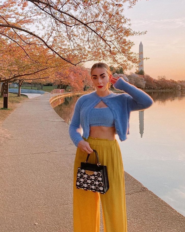 Blue Fuzzy Knit Crop Top and Cardigan Set with Yellow Pants Blue Fuzzy Knit Crop Top and Cardigan Set with Yellow Pants — Y2K Party Outfit Inspiration