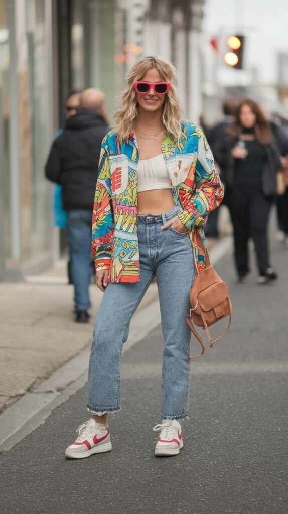 Graphic Print Shirt Over White Crop Top and Light Jeans Graphic Print Shirt Over White Crop Top and Light Jeans — Y2K Party Outfit Inspiration