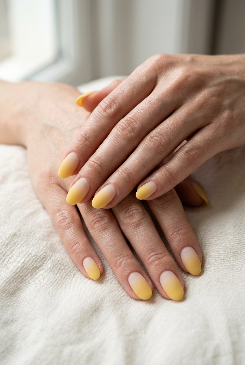 Butter Yellow Velvet Nails 2026: Chic Casual Elegant butter yellow velvet ombre nails for daily wear and casual weekends. Yellow summer nails 2026.