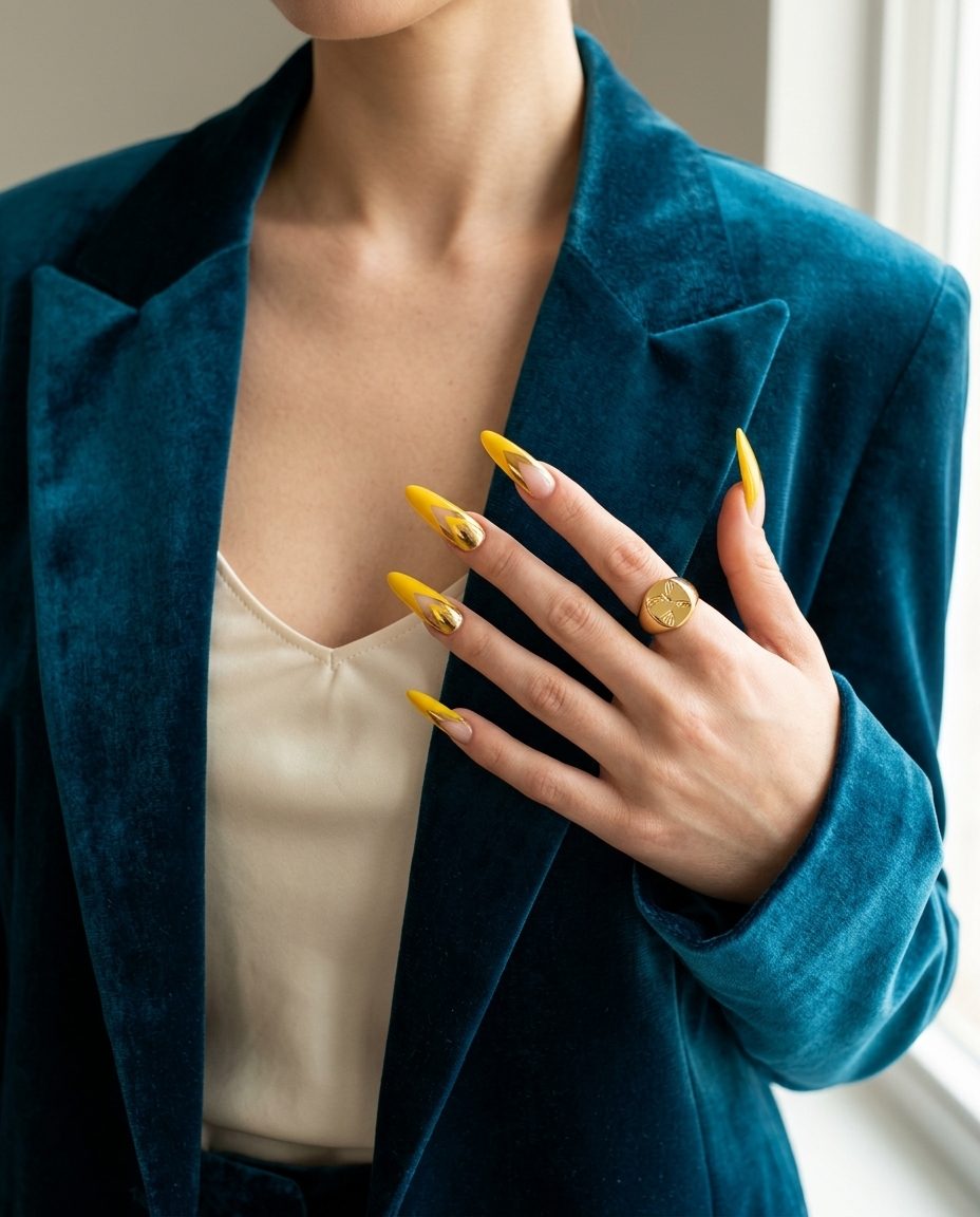 Chrome Yellow Geometric Nails 2026: Modern Party Style Geometric chrome yellow negative space: modern yellow summer nails 2026 for parties.