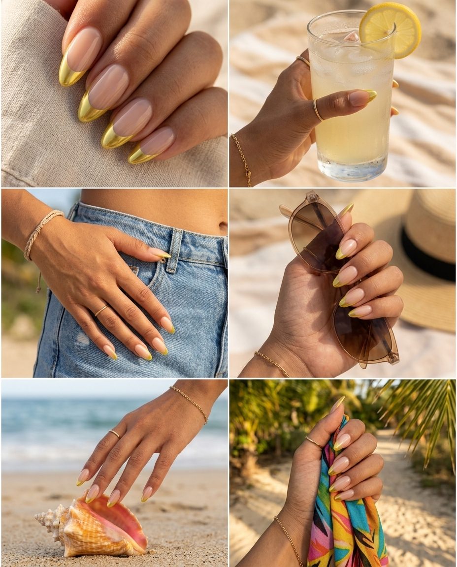 Yellow Summer Nails 2026: Chrome French Yellow summer nails 2026: Golden Hour Chrome French for date nights & evenings. Sophisticated, modern.