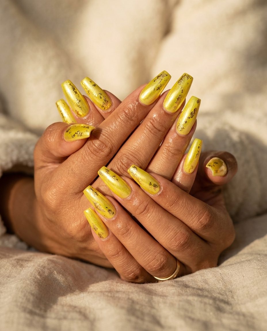 Golden Lemon Marble Nails 2026: Glamorous Event Style Golden lemon marble with gold flakes: glamorous yellow summer nails 2026 for formal events.