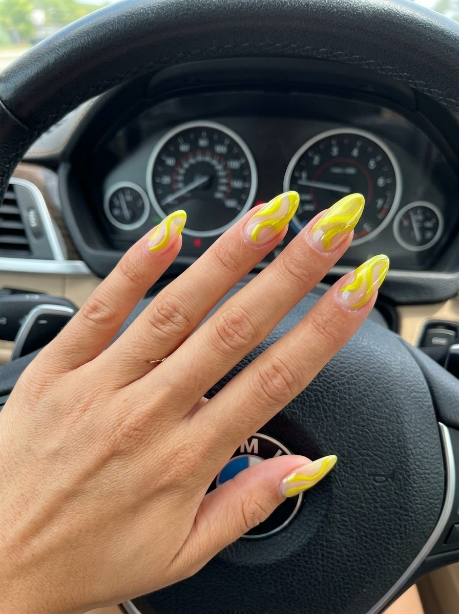 Yellow Summer Nails 2026: Chrome Swirls Yellow summer nails 2026: Lemonade Chrome Swirls for vacation & festivals. Playful, glamorous chrome art.