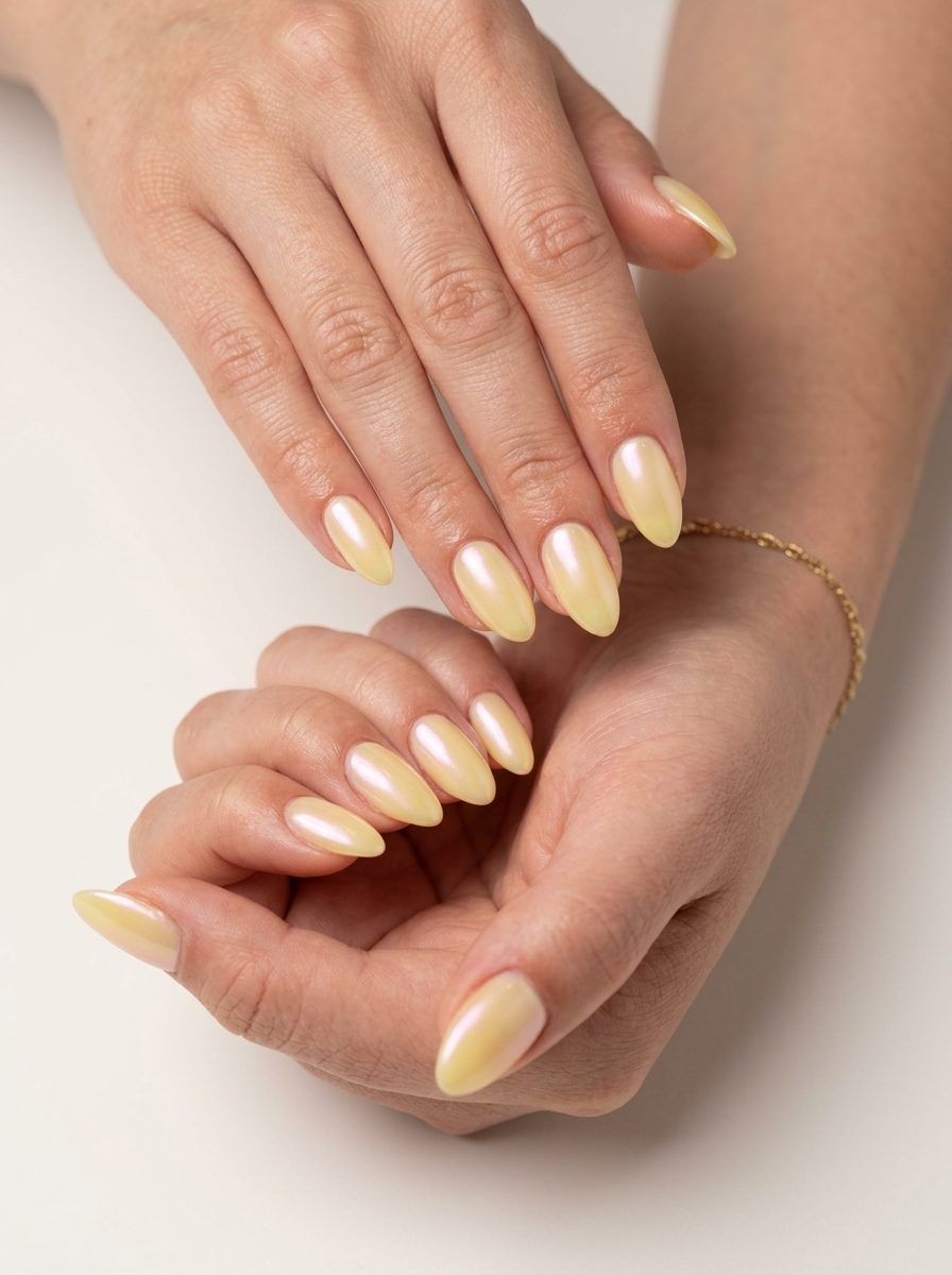 Yellow Summer Nails 2026: Glazed Donut Yellow summer nails 2026: Lemonade Glazed Donut for date nights & brunch. Chic, subtle pearlescent sheen.