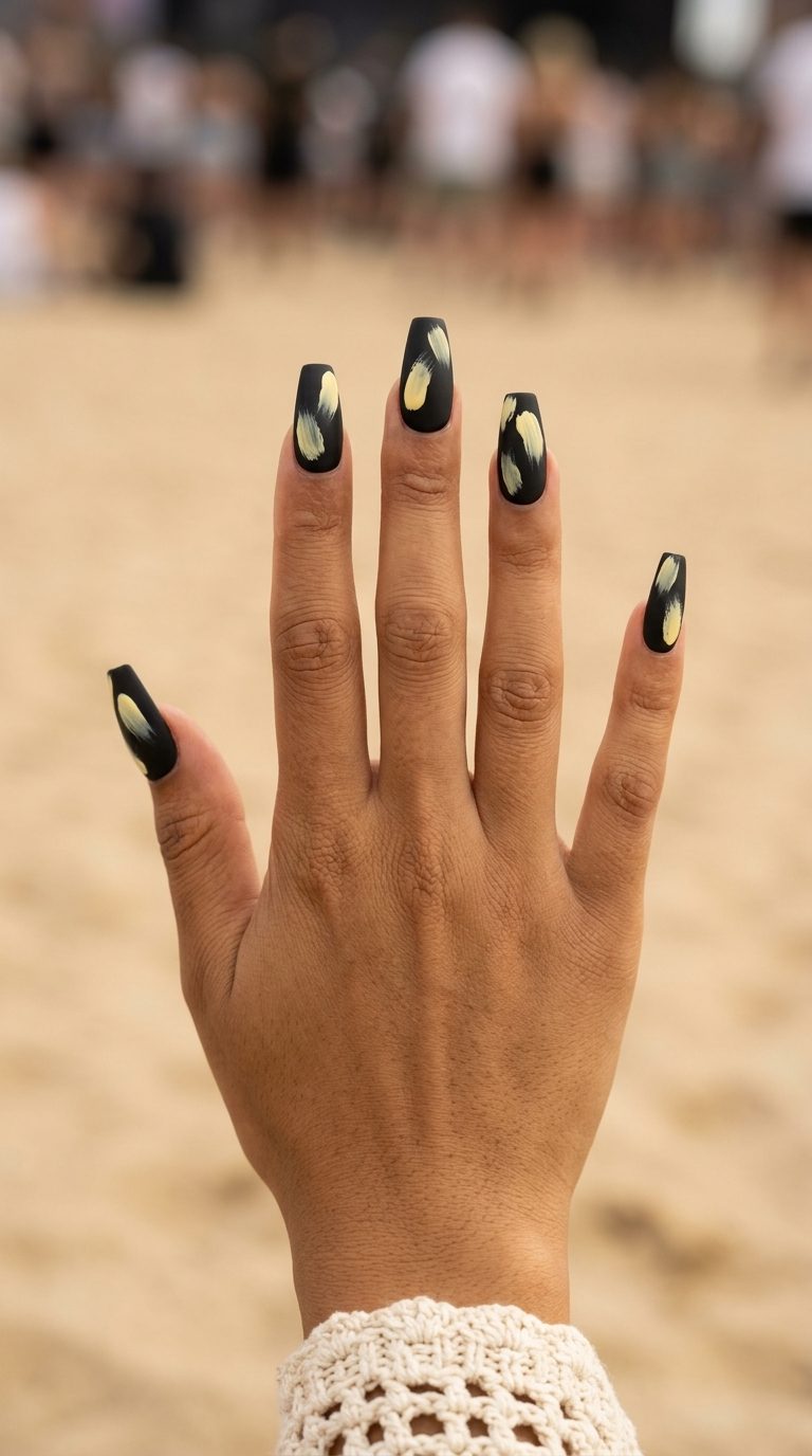 Matte Butter Yellow Abstract Nails 2026: Festival Style Matte butter yellow abstract brushstrokes on black: artistic yellow summer nails 2026 for festivals.