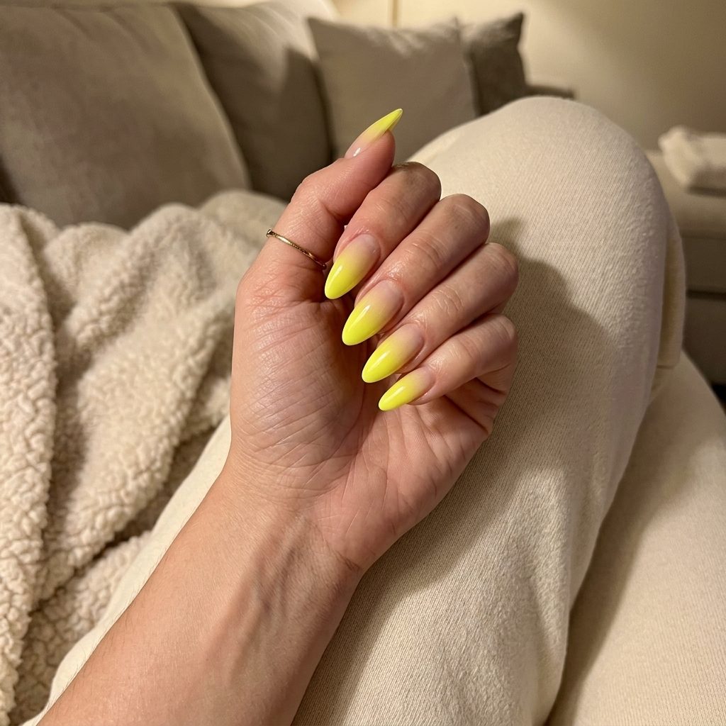 Yellow Summer Nails 2026: Neon Gradient Yellow summer nails 2026: Neon Airbrush Sunset Gradient for festivals & vacations. Playful, vibrant.