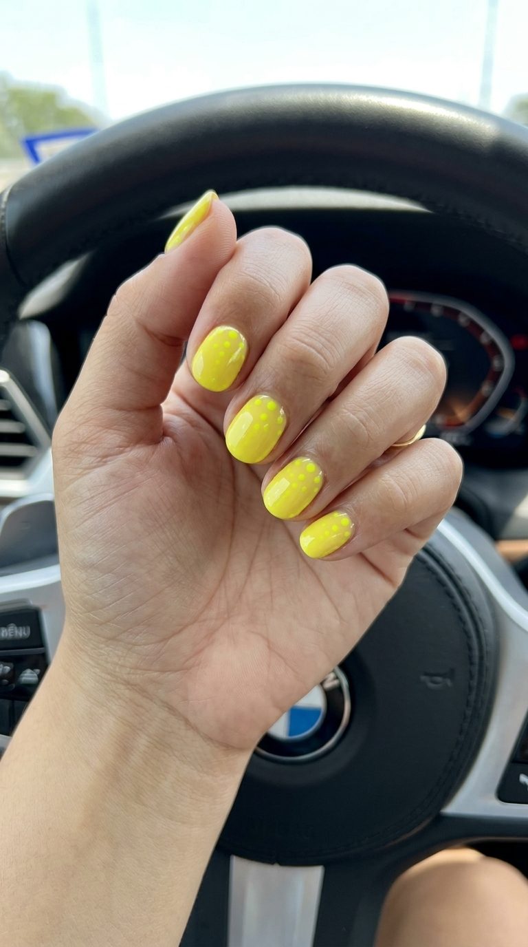 Neon Yellow Jelly Aura Nails 2026: Futuristic Party Style Neon yellow jelly aura on dark base: futuristic yellow summer nails 2026 for parties.