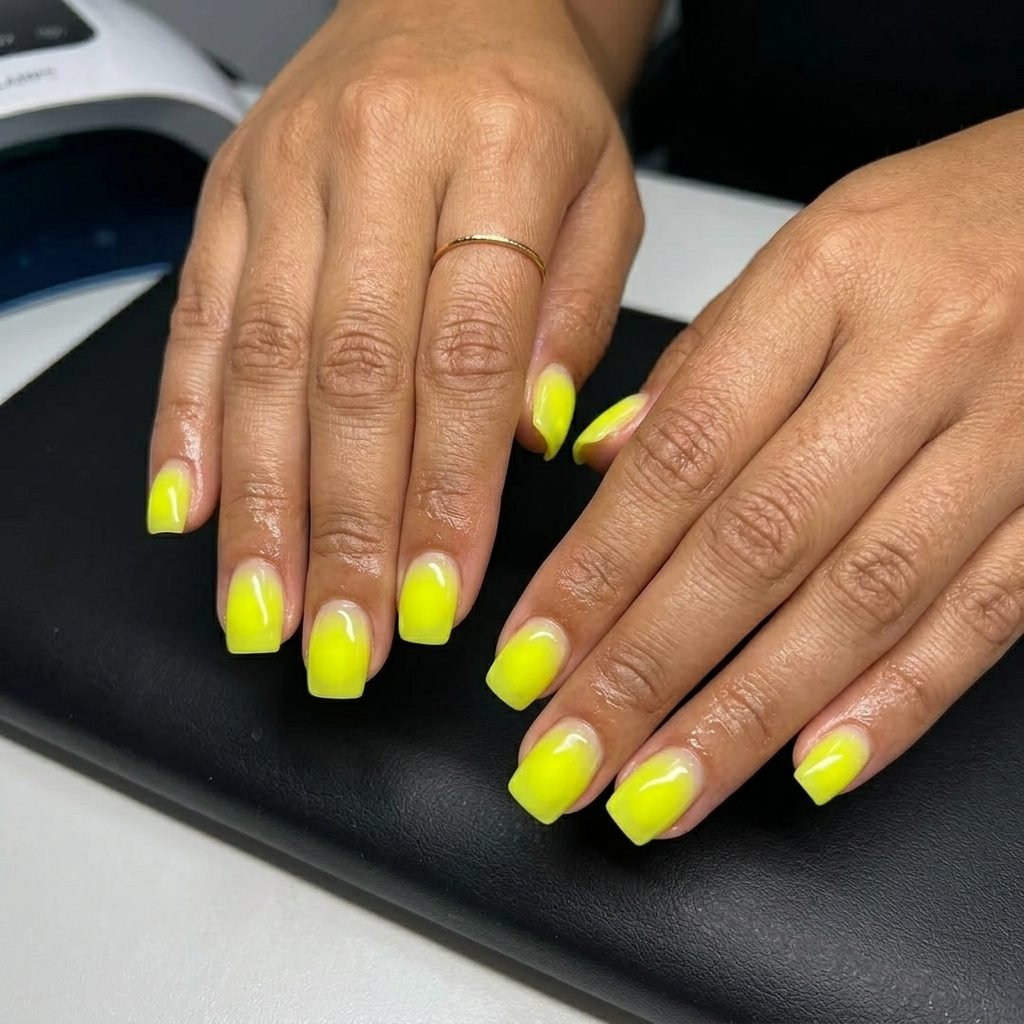 Neon Yellow Jelly Aura Glow Nails 2026: Playful Festival Style Neon yellow jelly aura glow on clear: playful yellow summer nails 2026 for festivals.