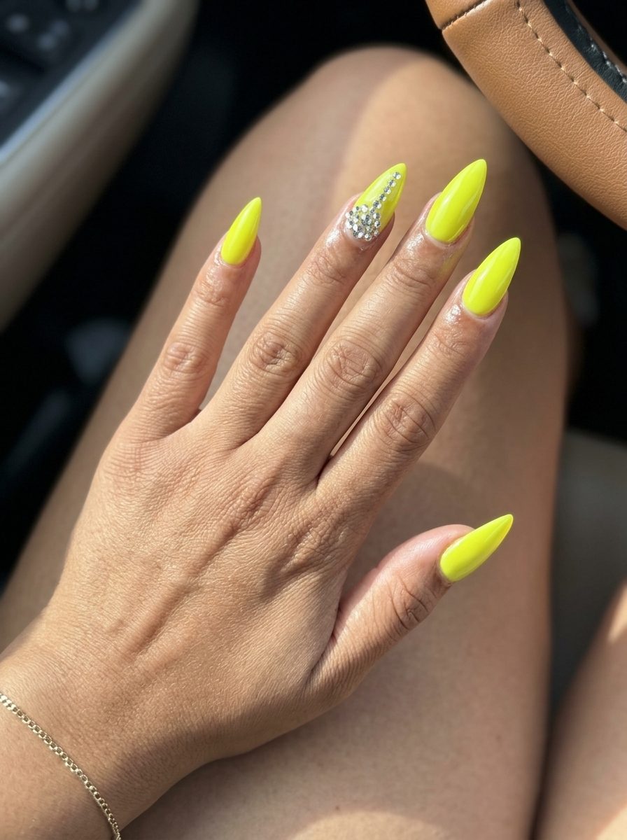 Neon Yellow Rhinestone Nails 2026: Party Glam Glamorous neon yellow rhinestone nails for summer parties and nights out. Get inspired by yellow summer nails 2026.