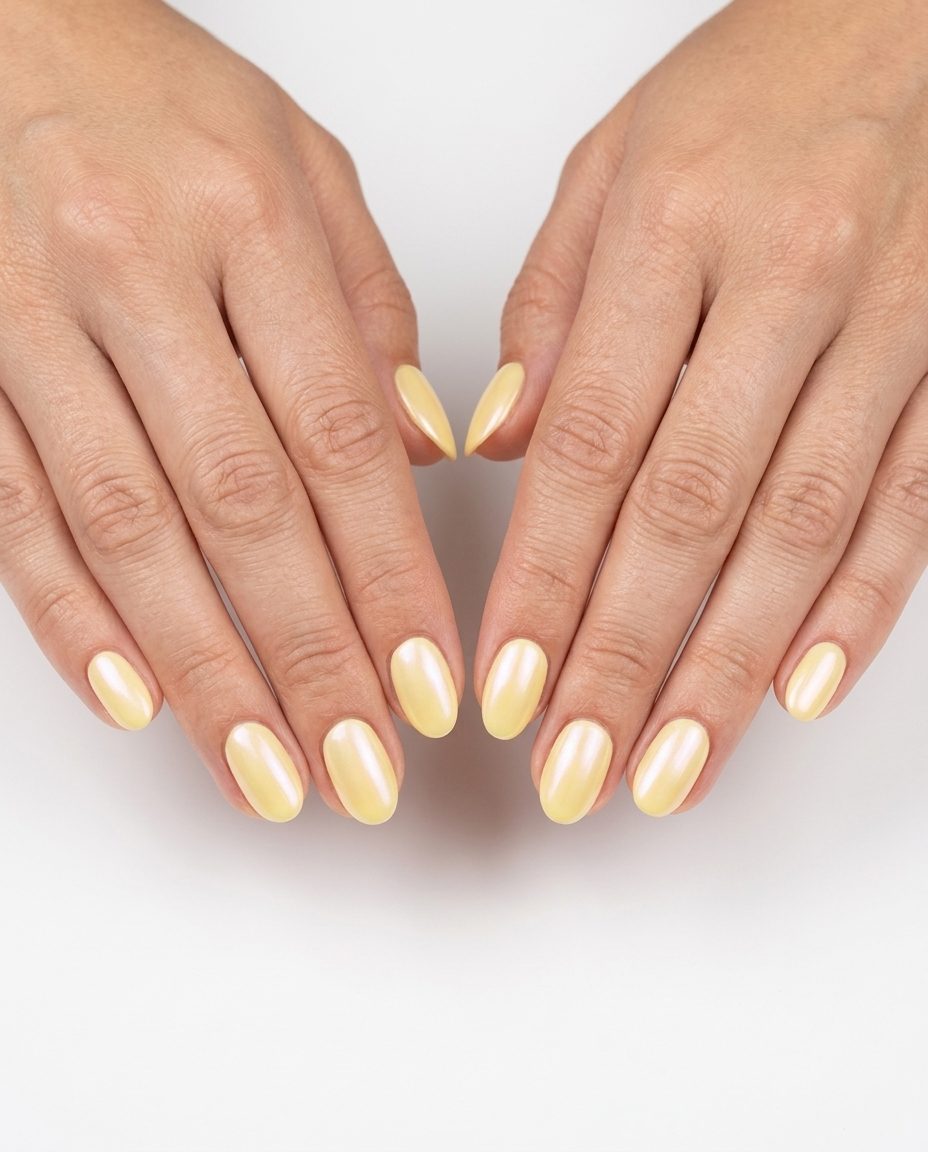 Yellow Summer Nails 2026: Pearlescent Glow Yellow summer nails 2026: Pearlescent Butter Glow for date nights & weddings. Romantic, elegant.