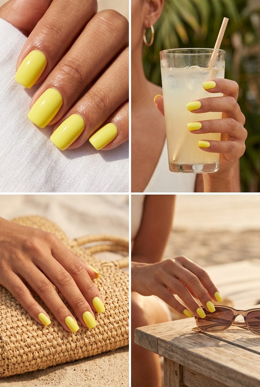 Lemon Yellow Power Gloss Nails 2026: Vacation Ready Vibrant lemon yellow power gloss: bold yellow summer nails 2026 for vacations and casual outings.