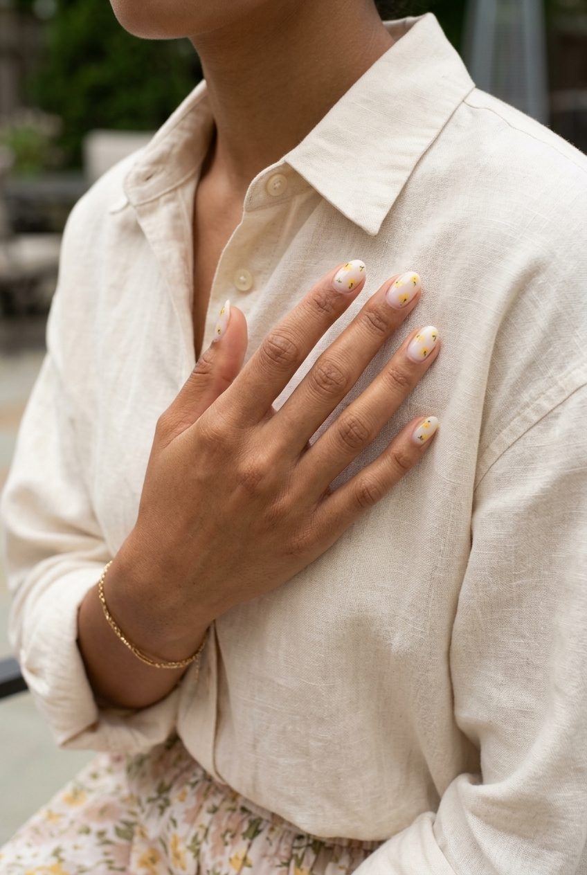 Yellow Summer Nails 2026: Floral Decals Yellow summer nails 2026: Sheer Yellow Floral Decals for weddings & garden parties. Romantic, feminine.
