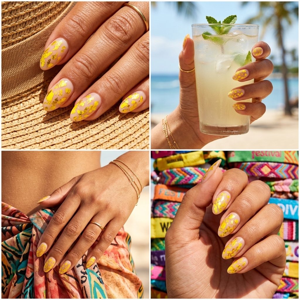 Yellow Stained Glass Foil Nails 2026: Ethereal Vacation Style Stained glass yellow foil flakes on nude: ethereal yellow summer nails 2026 for vacations.
